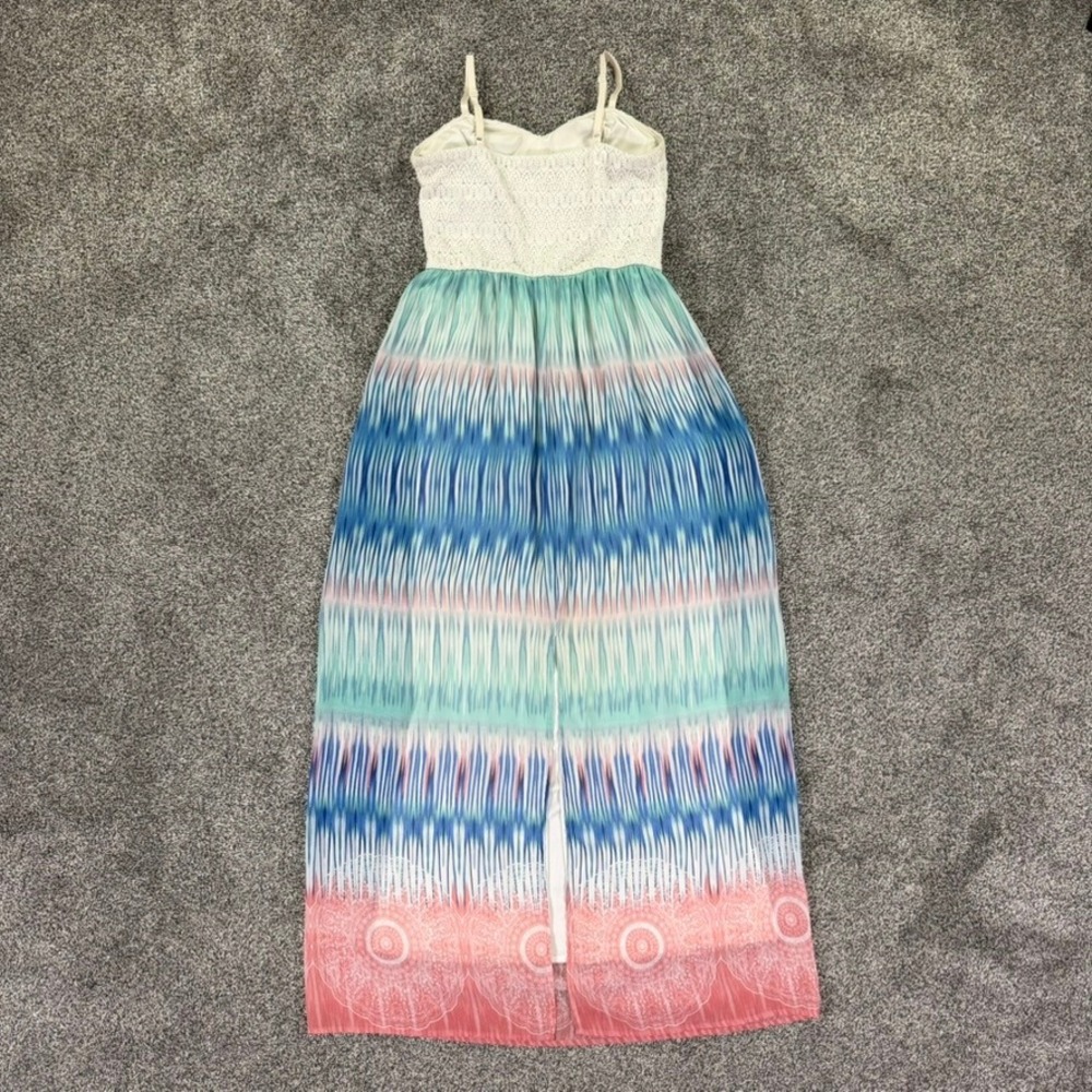 Lily Rose Crochet Lace Bodice Ikat Print Maxi Dress Blue Coral Pink Womens Large - Picture 2 of 8